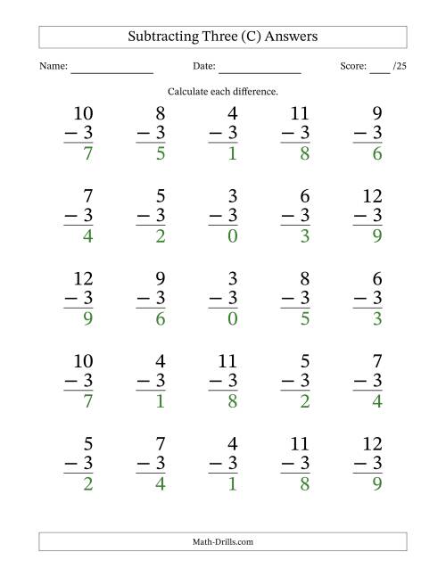 The Subtracting Three With Differences from 0 to 9 – 25 Large Print Questions (C) Math Worksheet Page 2