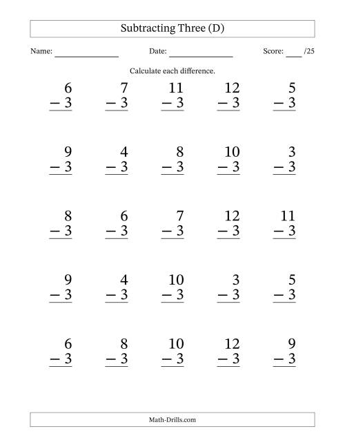 The Subtracting Three With Differences from 0 to 9 – 25 Large Print Questions (D) Math Worksheet
