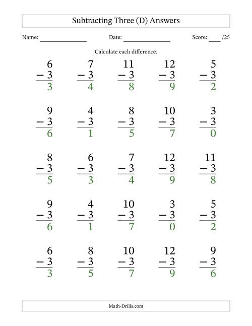 The Subtracting Three With Differences from 0 to 9 – 25 Large Print Questions (D) Math Worksheet Page 2