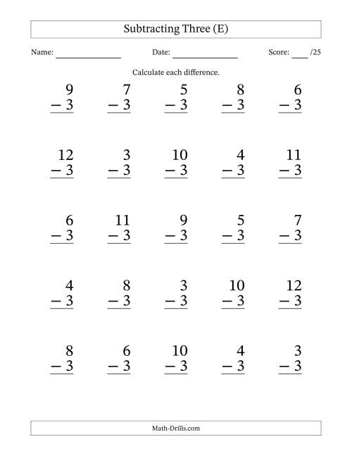 The Subtracting Three With Differences from 0 to 9 – 25 Large Print Questions (E) Math Worksheet