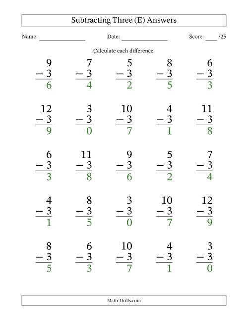The Subtracting Three With Differences from 0 to 9 – 25 Large Print Questions (E) Math Worksheet Page 2