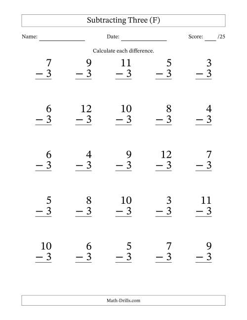 The Subtracting Three With Differences from 0 to 9 – 25 Large Print Questions (F) Math Worksheet