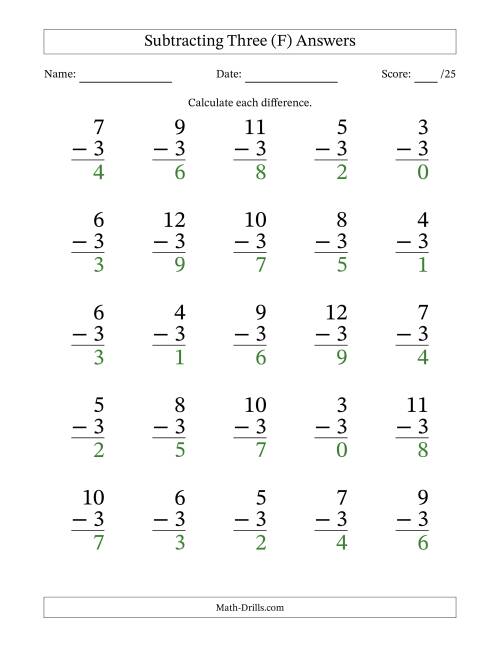 The Subtracting Three With Differences from 0 to 9 – 25 Large Print Questions (F) Math Worksheet Page 2