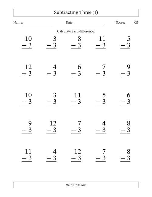The Subtracting Three With Differences from 0 to 9 – 25 Large Print Questions (I) Math Worksheet