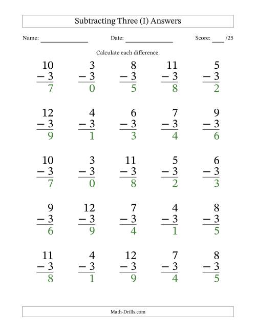 The Subtracting Three With Differences from 0 to 9 – 25 Large Print Questions (I) Math Worksheet Page 2