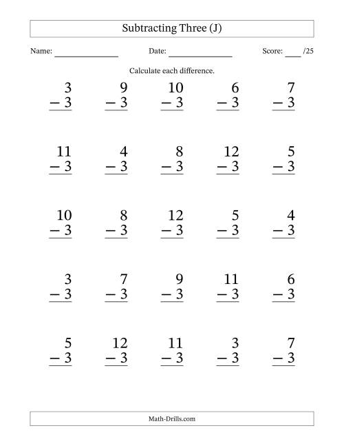 The Subtracting Three With Differences from 0 to 9 – 25 Large Print Questions (J) Math Worksheet