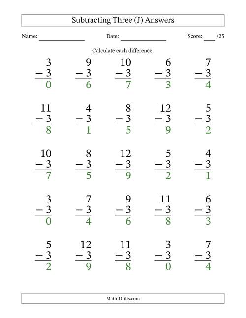 The Subtracting Three With Differences from 0 to 9 – 25 Large Print Questions (J) Math Worksheet Page 2