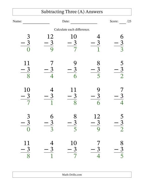 The Subtracting Three With Differences from 0 to 9 – 25 Large Print Questions (All) Math Worksheet Page 2