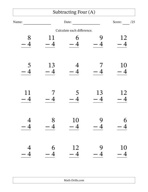The Subtracting Four With Differences from 0 to 9 – 25 Large Print Questions (A) Math Worksheet