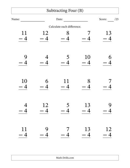 The Subtracting Four With Differences from 0 to 9 – 25 Large Print Questions (B) Math Worksheet