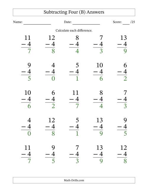 The Subtracting Four With Differences from 0 to 9 – 25 Large Print Questions (B) Math Worksheet Page 2