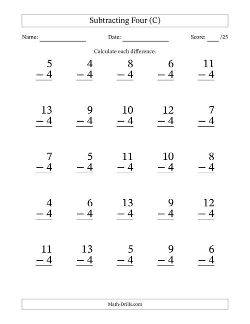 The Subtracting Four (4) with Differences 0 to 9 (25 Questions) (C) Math Worksheet