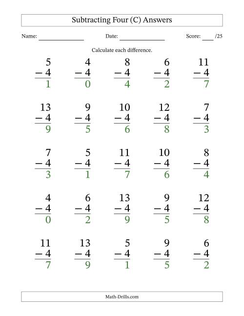 The Subtracting Four (4) with Differences 0 to 9 (25 Questions) (C) Math Worksheet Page 2