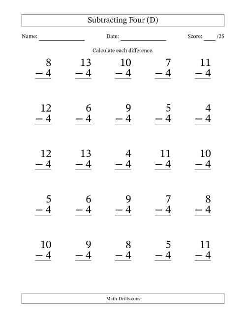The Subtracting Four With Differences from 0 to 9 – 25 Large Print Questions (D) Math Worksheet