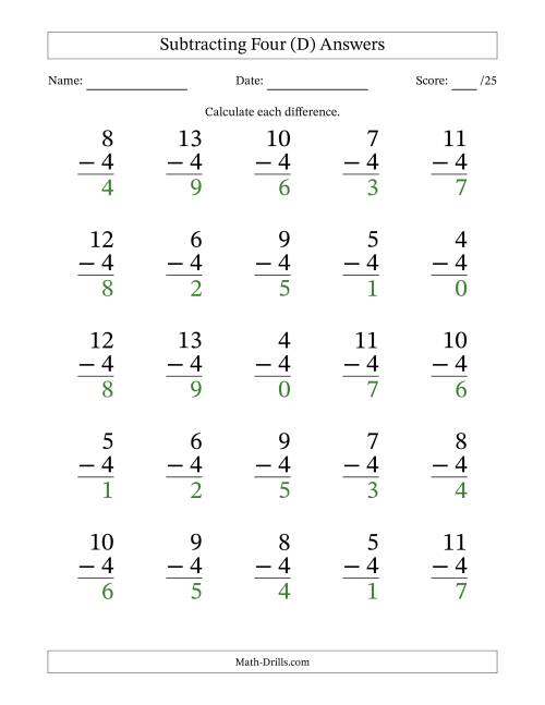 The Subtracting Four With Differences from 0 to 9 – 25 Large Print Questions (D) Math Worksheet Page 2