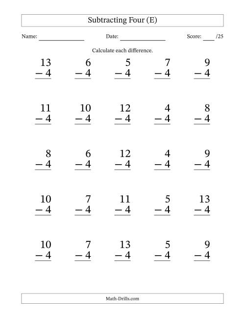The Subtracting Four With Differences from 0 to 9 – 25 Large Print Questions (E) Math Worksheet