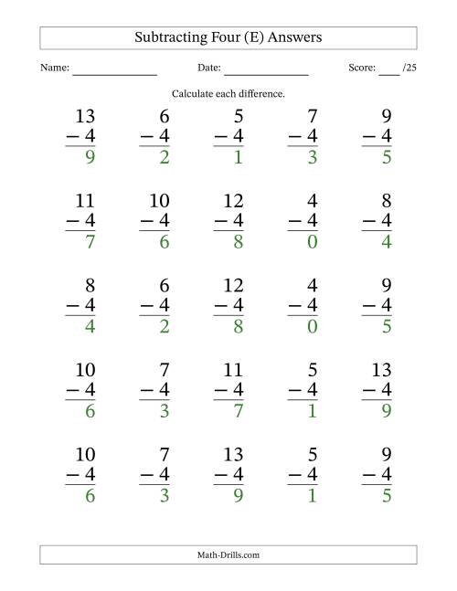 The Subtracting Four With Differences from 0 to 9 – 25 Large Print Questions (E) Math Worksheet Page 2
