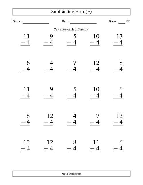 The Subtracting Four With Differences from 0 to 9 – 25 Large Print Questions (F) Math Worksheet