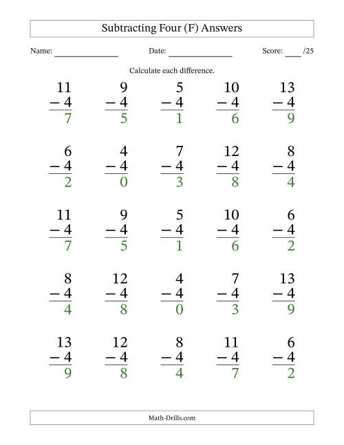 The Subtracting Four With Differences from 0 to 9 – 25 Large Print Questions (F) Math Worksheet Page 2