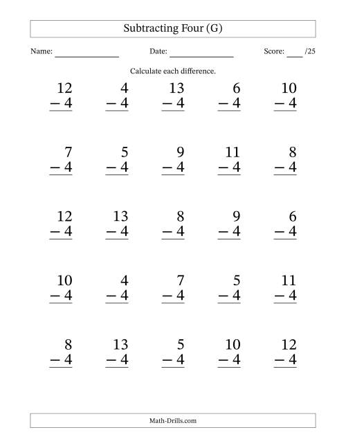The Subtracting Four With Differences from 0 to 9 – 25 Large Print Questions (G) Math Worksheet