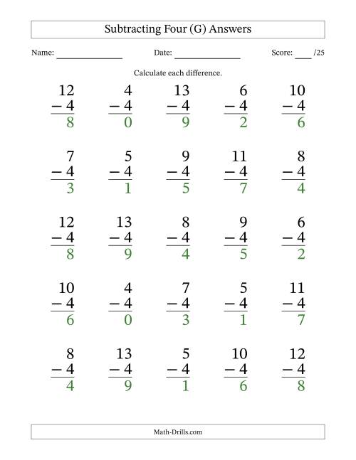 The Subtracting Four With Differences from 0 to 9 – 25 Large Print Questions (G) Math Worksheet Page 2