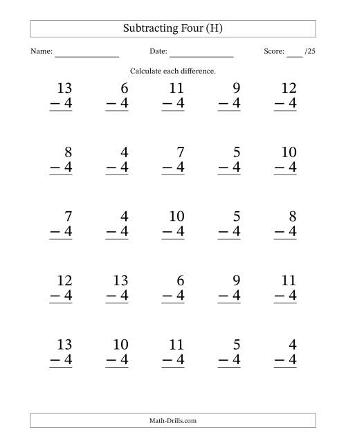 The Subtracting Four With Differences from 0 to 9 – 25 Large Print Questions (H) Math Worksheet