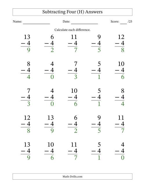 The Subtracting Four With Differences from 0 to 9 – 25 Large Print Questions (H) Math Worksheet Page 2