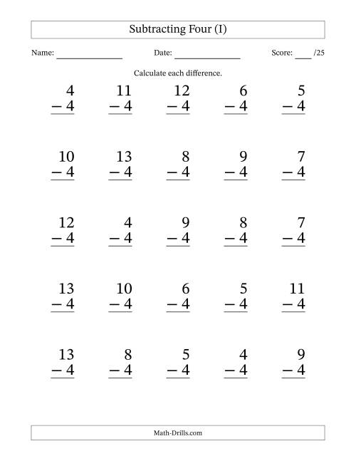 The Subtracting Four With Differences from 0 to 9 – 25 Large Print Questions (I) Math Worksheet