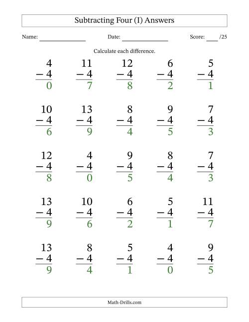 The Subtracting Four With Differences from 0 to 9 – 25 Large Print Questions (I) Math Worksheet Page 2