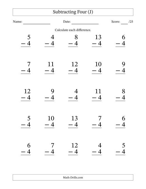 The Subtracting Four With Differences from 0 to 9 – 25 Large Print Questions (J) Math Worksheet