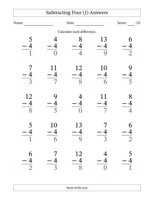 The Subtracting Four With Differences from 0 to 9 – 25 Large Print Questions (J) Math Worksheet Page 2
