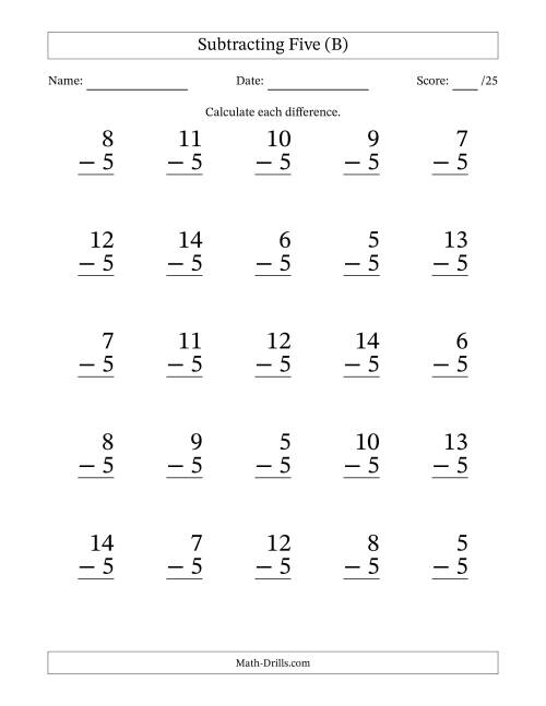 The Subtracting Five With Differences from 0 to 9 – 25 Large Print Questions (B) Math Worksheet