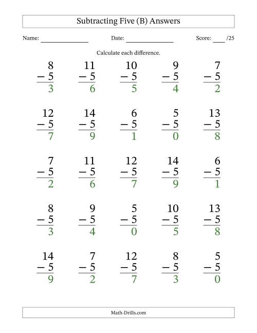 The Subtracting Five With Differences from 0 to 9 – 25 Large Print Questions (B) Math Worksheet Page 2
