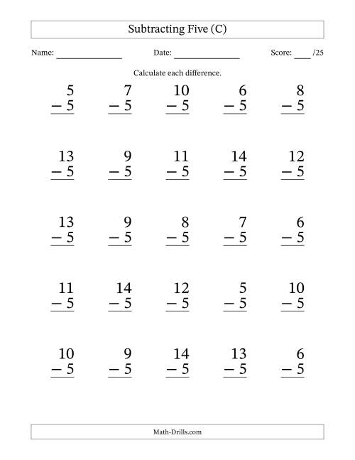 The Subtracting Five With Differences from 0 to 9 – 25 Large Print Questions (C) Math Worksheet