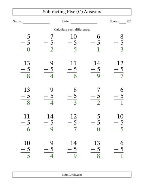 The Subtracting Five With Differences from 0 to 9 – 25 Large Print Questions (C) Math Worksheet Page 2