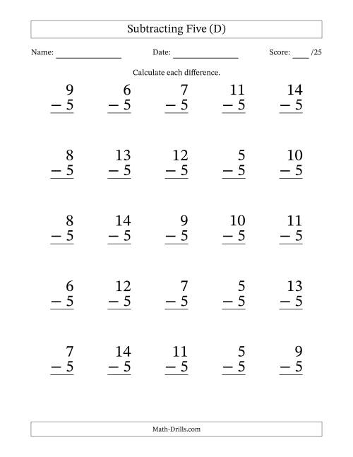 The Subtracting Five With Differences from 0 to 9 – 25 Large Print Questions (D) Math Worksheet