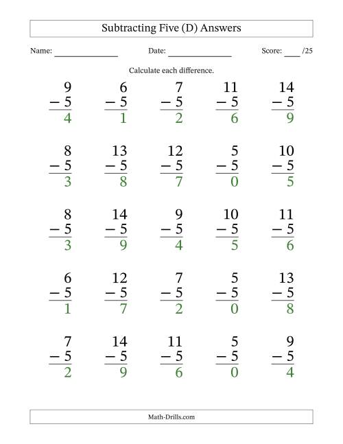 The Subtracting Five With Differences from 0 to 9 – 25 Large Print Questions (D) Math Worksheet Page 2