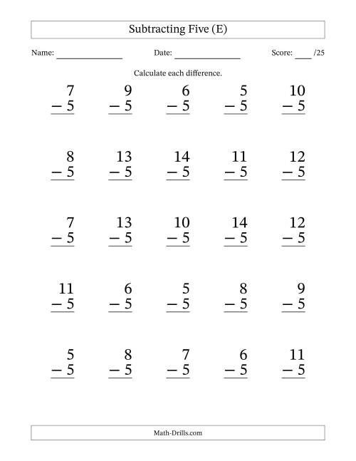 The Subtracting Five With Differences from 0 to 9 – 25 Large Print Questions (E) Math Worksheet