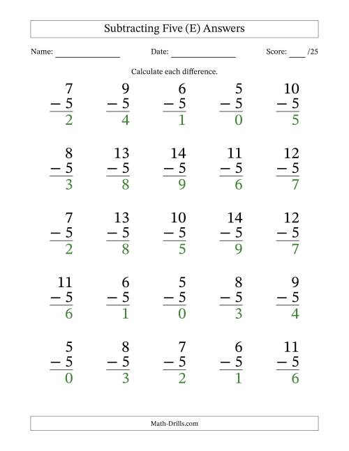 The Subtracting Five With Differences from 0 to 9 – 25 Large Print Questions (E) Math Worksheet Page 2