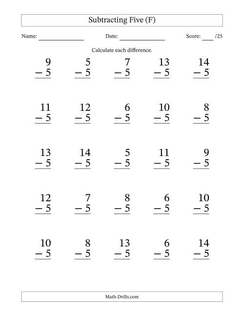 The Subtracting Five With Differences from 0 to 9 – 25 Large Print Questions (F) Math Worksheet