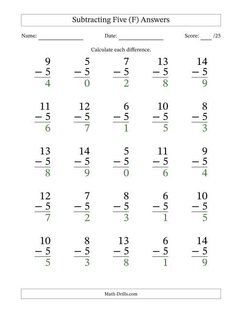 The Subtracting Five With Differences from 0 to 9 – 25 Large Print Questions (F) Math Worksheet Page 2