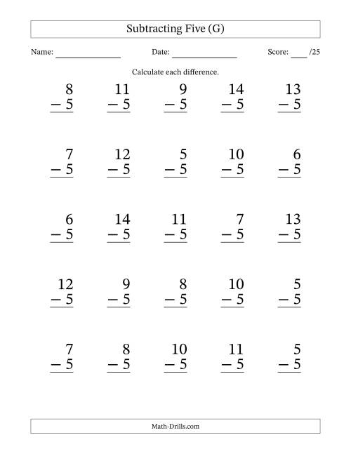 The Subtracting Five With Differences from 0 to 9 – 25 Large Print Questions (G) Math Worksheet