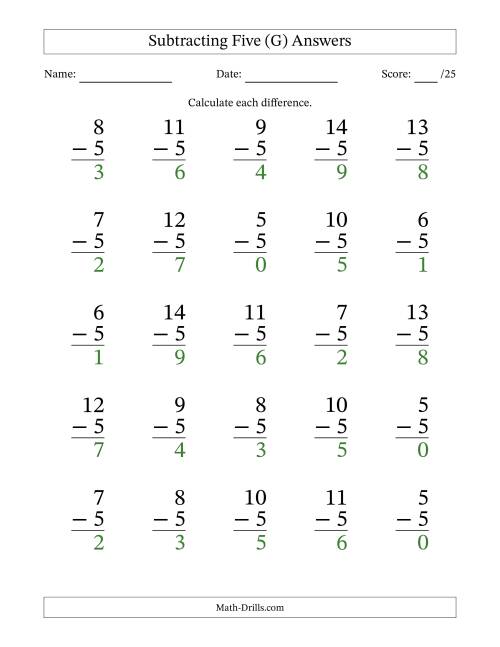 The Subtracting Five With Differences from 0 to 9 – 25 Large Print Questions (G) Math Worksheet Page 2