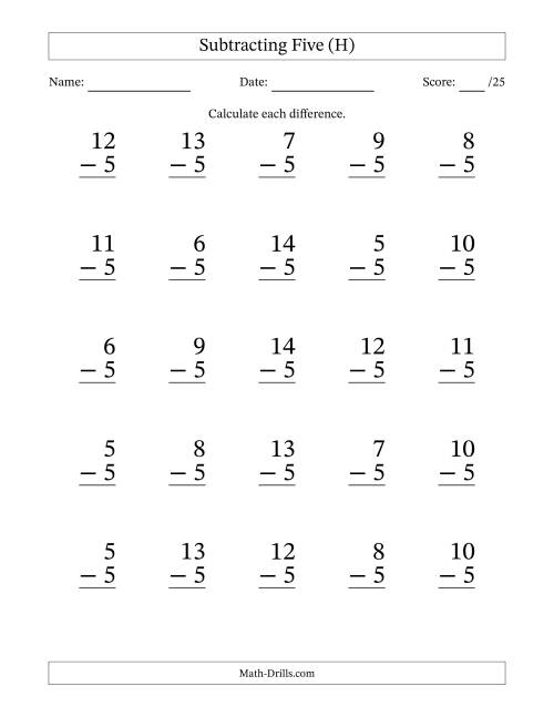 The Subtracting Five With Differences from 0 to 9 – 25 Large Print Questions (H) Math Worksheet