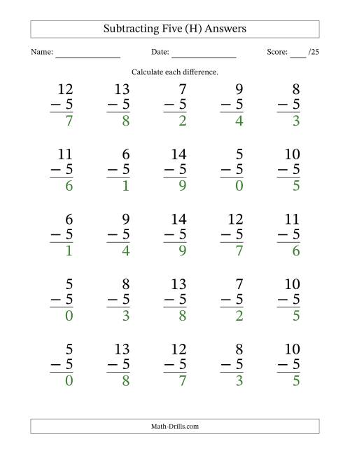 The Subtracting Five With Differences from 0 to 9 – 25 Large Print Questions (H) Math Worksheet Page 2