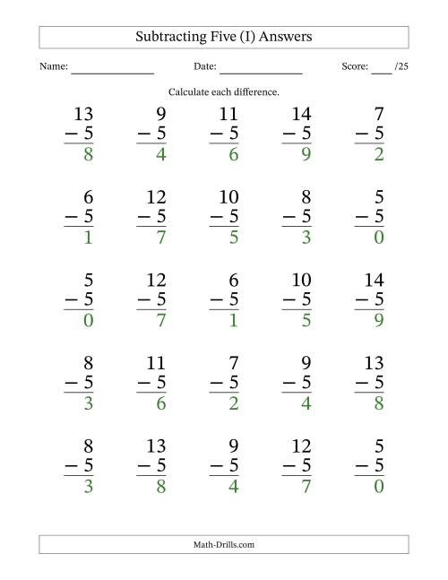The Subtracting Five With Differences from 0 to 9 – 25 Large Print Questions (I) Math Worksheet Page 2