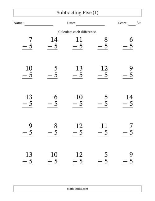 The Subtracting Five With Differences from 0 to 9 – 25 Large Print Questions (J) Math Worksheet