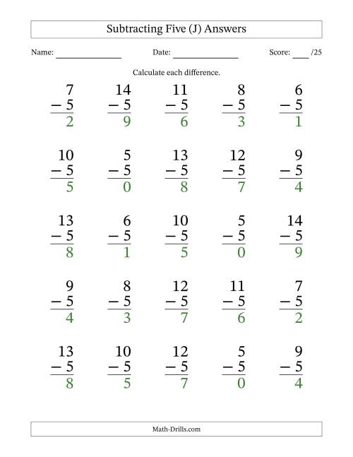The Subtracting Five With Differences from 0 to 9 – 25 Large Print Questions (J) Math Worksheet Page 2