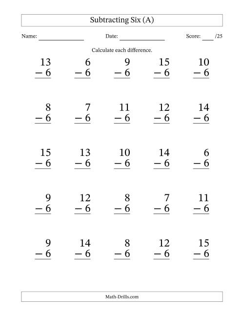 The Subtracting Six With Differences from 0 to 9 – 25 Large Print Questions (A) Math Worksheet