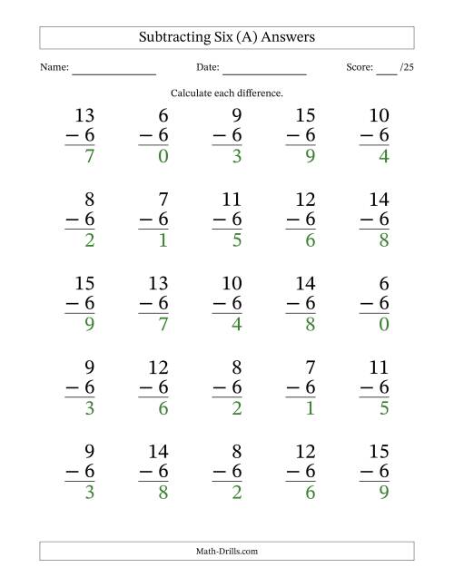 The Subtracting Six With Differences from 0 to 9 – 25 Large Print Questions (A) Math Worksheet Page 2